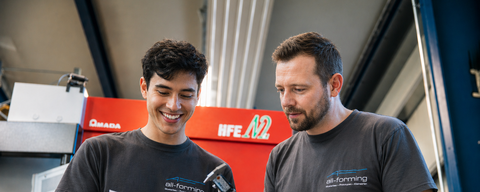 CNC-Kanter an moderner Abkantpresse bei der Fertigung individueller Blechteile für Prototypen, Entwicklungsmuster und Kleinserien in der Metallverarbeitung bei all-forming.