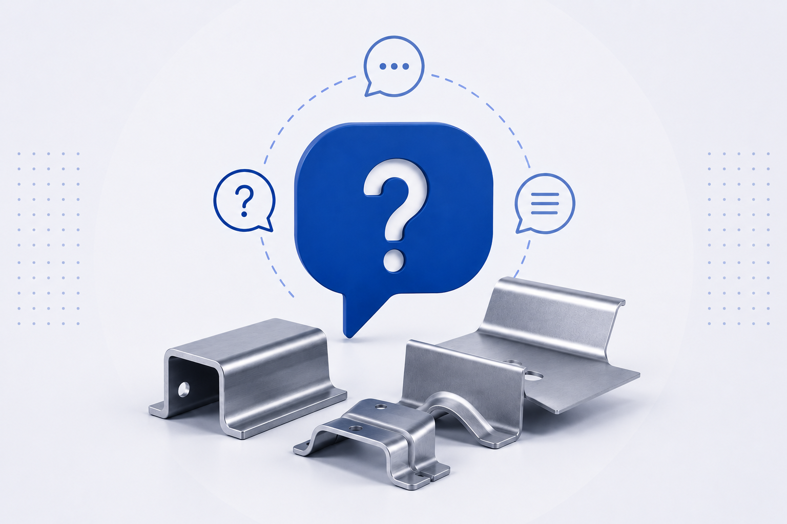 FAQ-Symbol mit blauem Fragezeichen und grauen Metallteilen f&uuml;r Fragen zum Blech stanzen