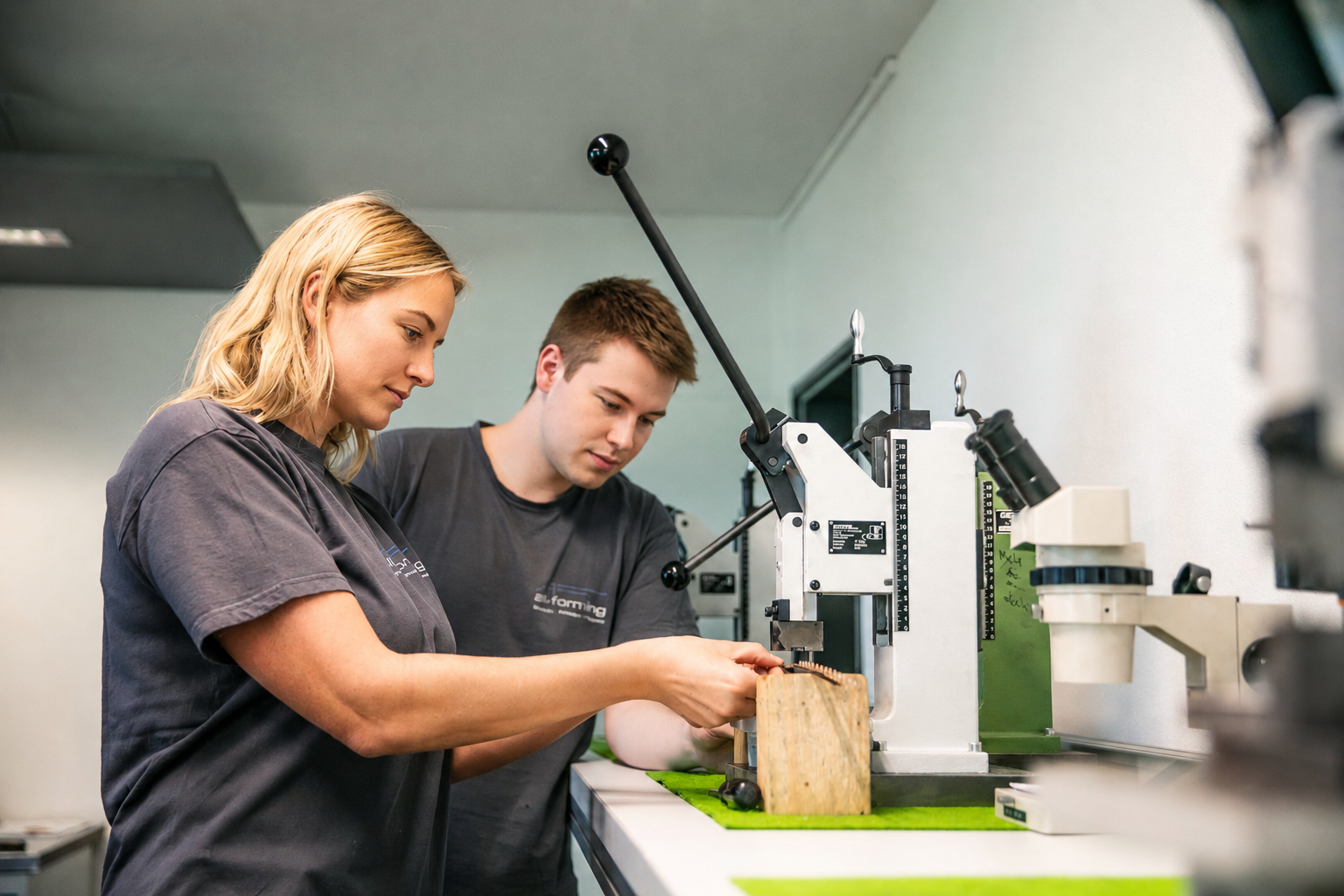 Feinwerkmechanikerin an Handhebelpresse bei der Fertigung individueller Blechteile für Prototypen, Entwicklungsmuster und Kleinserien in der Metallverarbeitung bei all-forming.