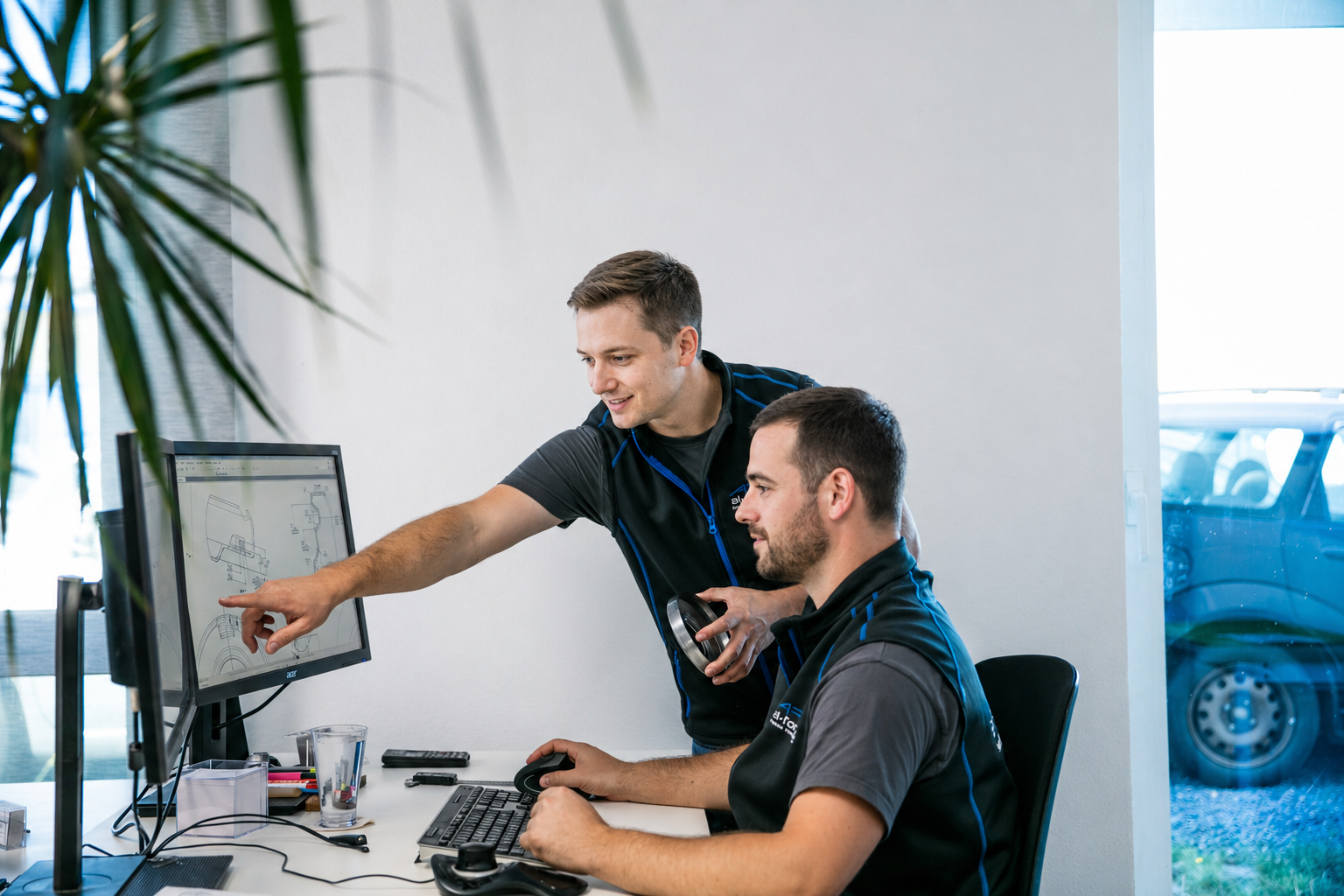 Zwei kaufmännisch-technische Mitarbeiter besprechen gemeinsam eine technische Zeichnung am Computer.