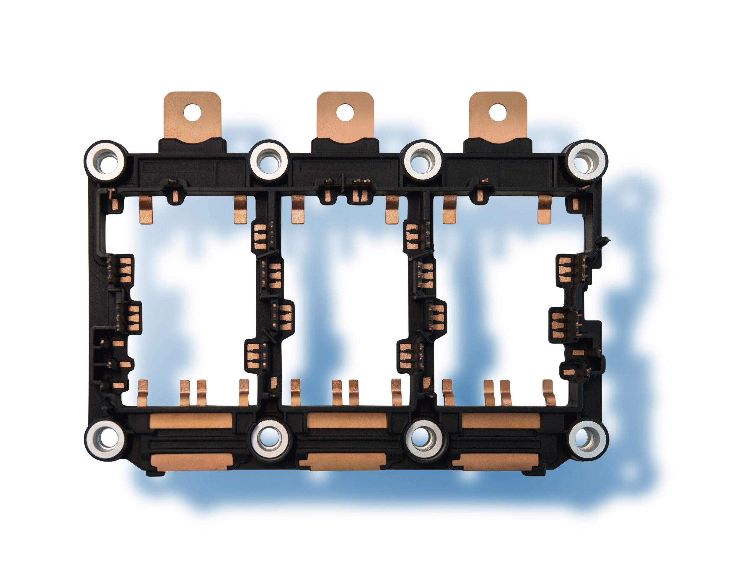 Blech stanzen für Modulrahmen: Gestanzte, umgeformte und beschichtete Pins und Busbars, im Vakuumguss vergossen für hochpräzise Steuereinheiten.