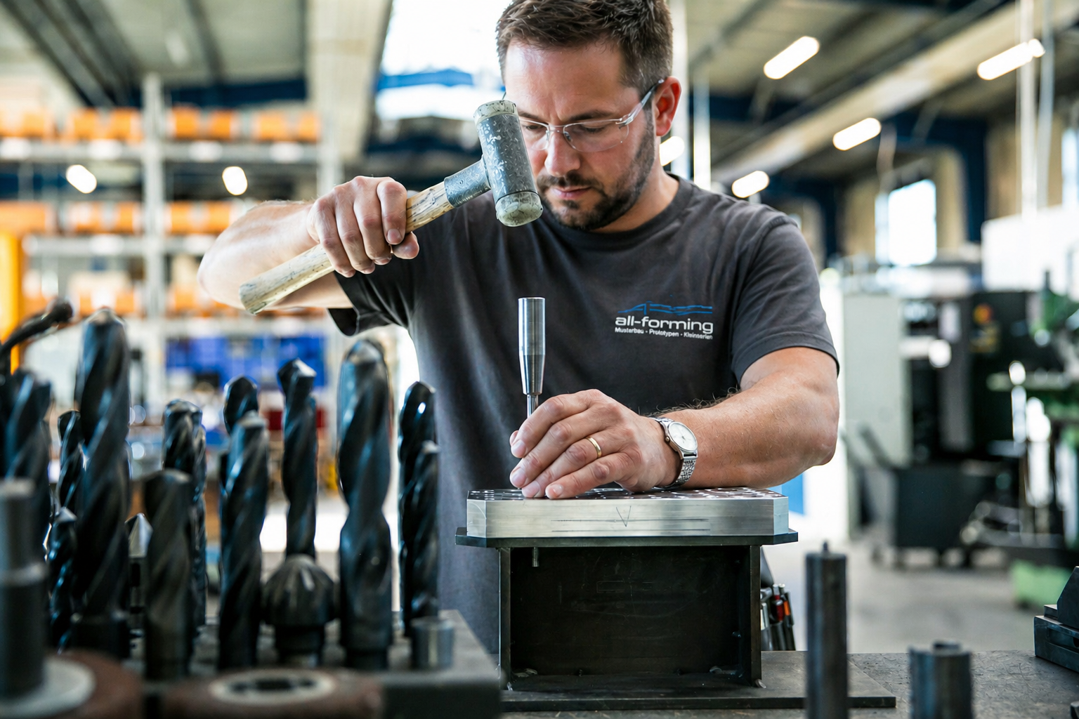 Auszubildender bei all-forming arbeitet mit einem Hammer an einem Werkzeug