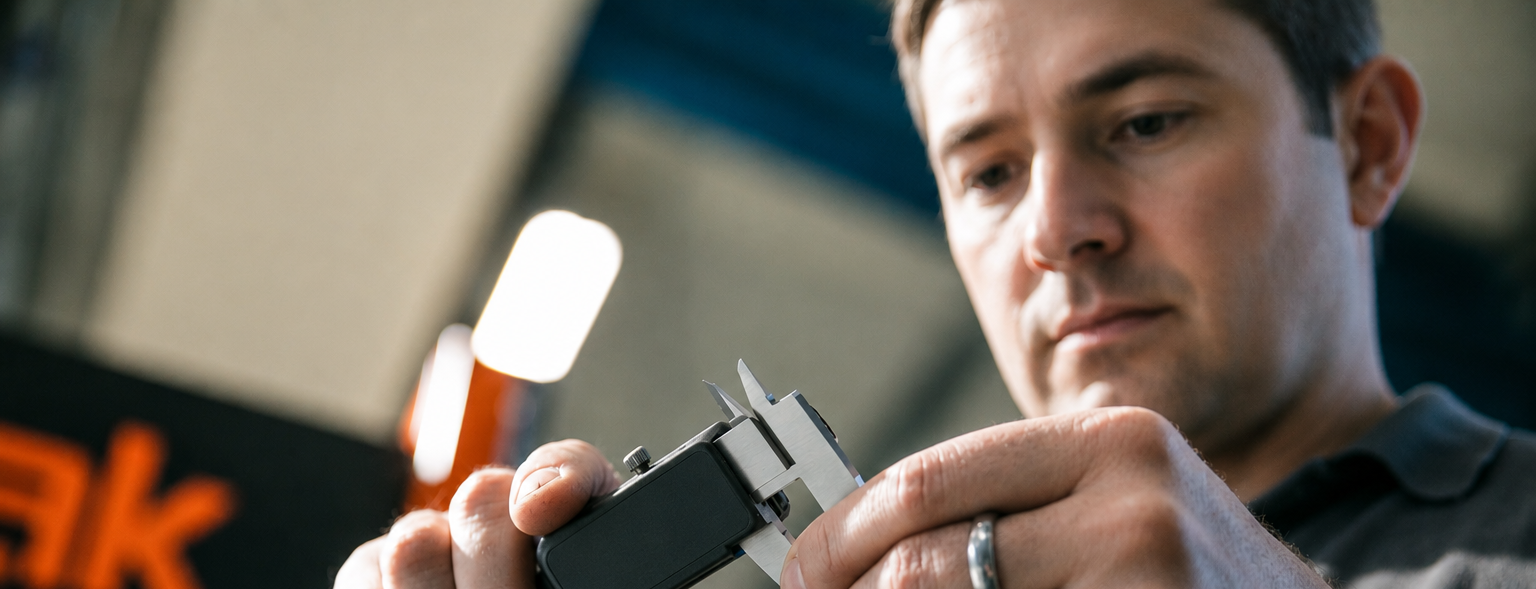 Mitarbeiter prüft Bauteil mit Messschieber nach dem CNC-Laserschneiden