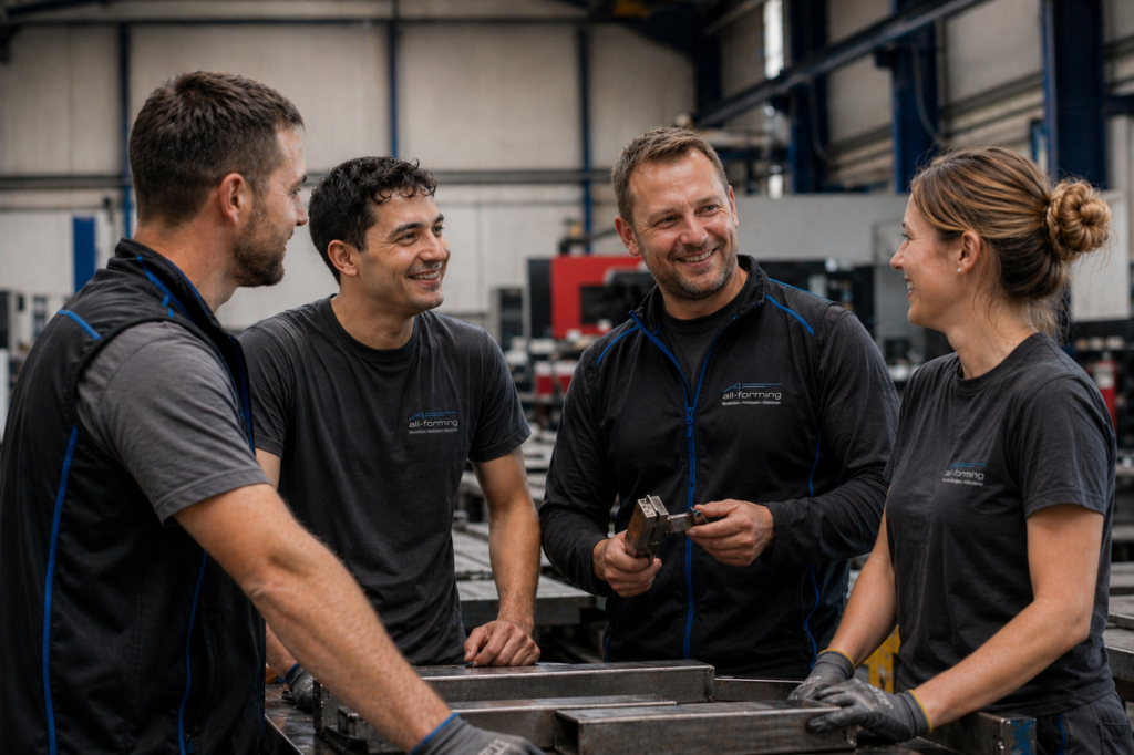 Mitarbeiter von all-forming bei der industriellen Metallfertigung die sich in der Fertigungshalle über ein Präzisionsbauteil austauschen.