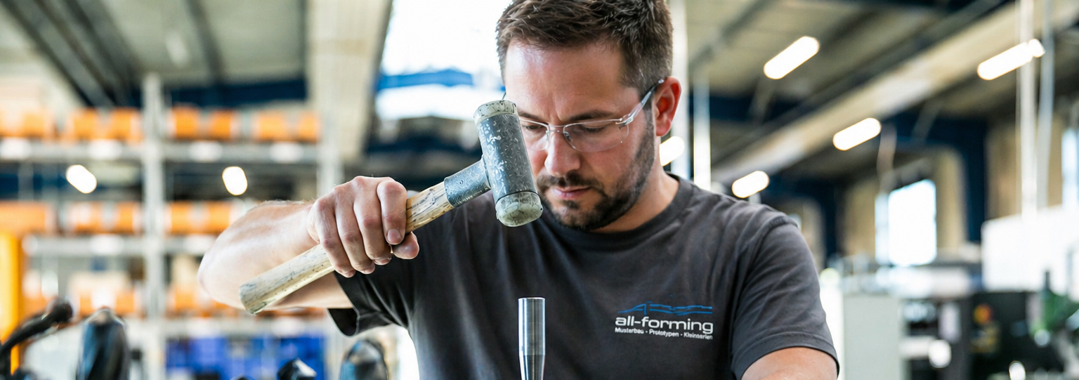 Metallbauer bei der Fertigung eines Werkzeugs für Prototypen, Entwicklungsmuster und Kleinserien in der Metallverarbeitung bei all-forming.